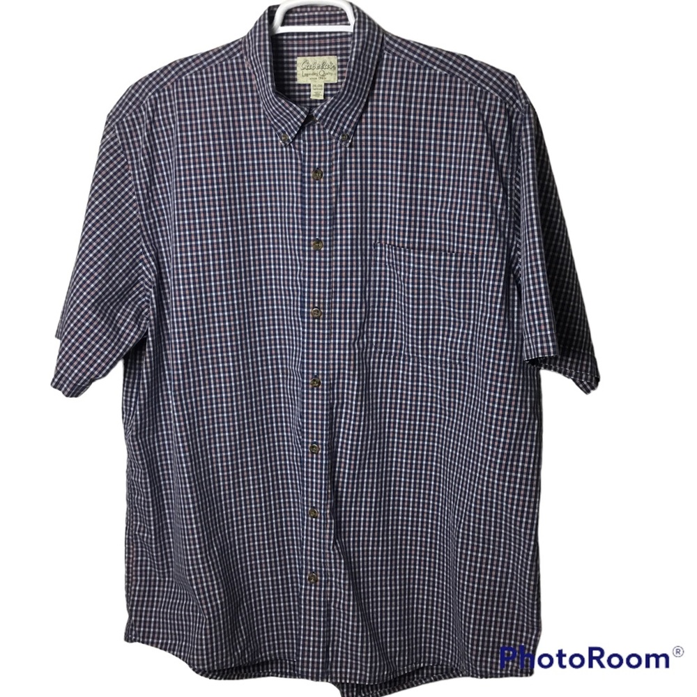 Cabela’s blue/red plaid short sleeve button down shirt. XXLT